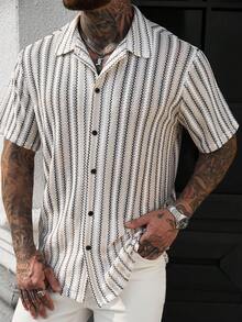 Manfinity Homme Áo sơ mi nam tay ngắn dệt kim kẻ sọc kaki, kiểu dáng thường ngày, thích hợp cho kỳ nghỉ. - Màu Khaki - Xem 5