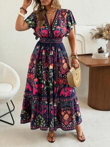 Ceyna 大码女装新款夏季波西米亚风印花休闲连衣裙，荷叶袖收腰连衣裙，深V领飘逸修身喇叭长裙 - 藍色 - 查看 5