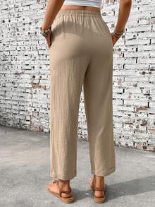 SHEIN Holidaya 女士休闲舒适通勤户外亚麻花卉饰边杏色长裤，春夏款 - 卡其色 - 查看 2