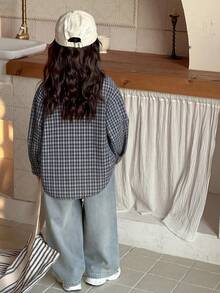 Hapijoa Girls (Small) Summer Plaid Casual Korean Style Long Sleeve Fresh And Sweet Shirt - Blue - View 2