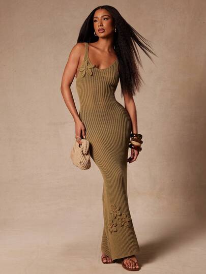 NYA SZN Knit Swimwear Cover Beach Floral Flower Beaded Crochet Maxi Dress Strappy Summer Spring Break Vacation Travel Fitted Bodycon Sexy Everyday Casual Outfits For Women