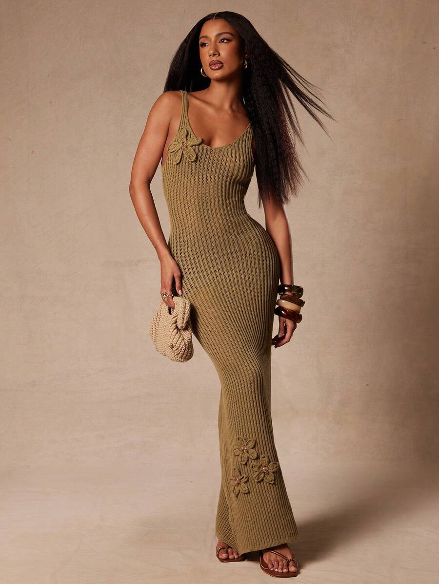 NYA SZN Olive Green Autumn Elegant Brunch Knit Maxi Dress Women's Floral Beaded Crochet Strappy Bodycon Swimwear Cover Beach Vacation Casual Outfits - Green - View 1