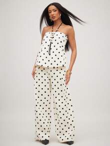 NYA SZN 女士撞色波点印花牛仔无肩带上衣 - 黑與白 - 查看 3