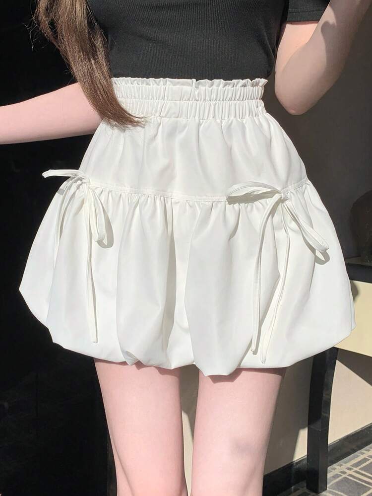 Spring & Summer White Loose Casual Fashionable Cinched Waist Bow Patchwork Flare Skirt, Lightweight Outdoor Street Style For Women