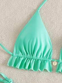 Swim Mod Đồ bơi nữ, đồ bơi mùa hè cho nữ, màu trơn, viền bèo nhún, cổ yếm buộc dây, bộ bikini hai mảnh. - Màu xanh lam - Xem 5