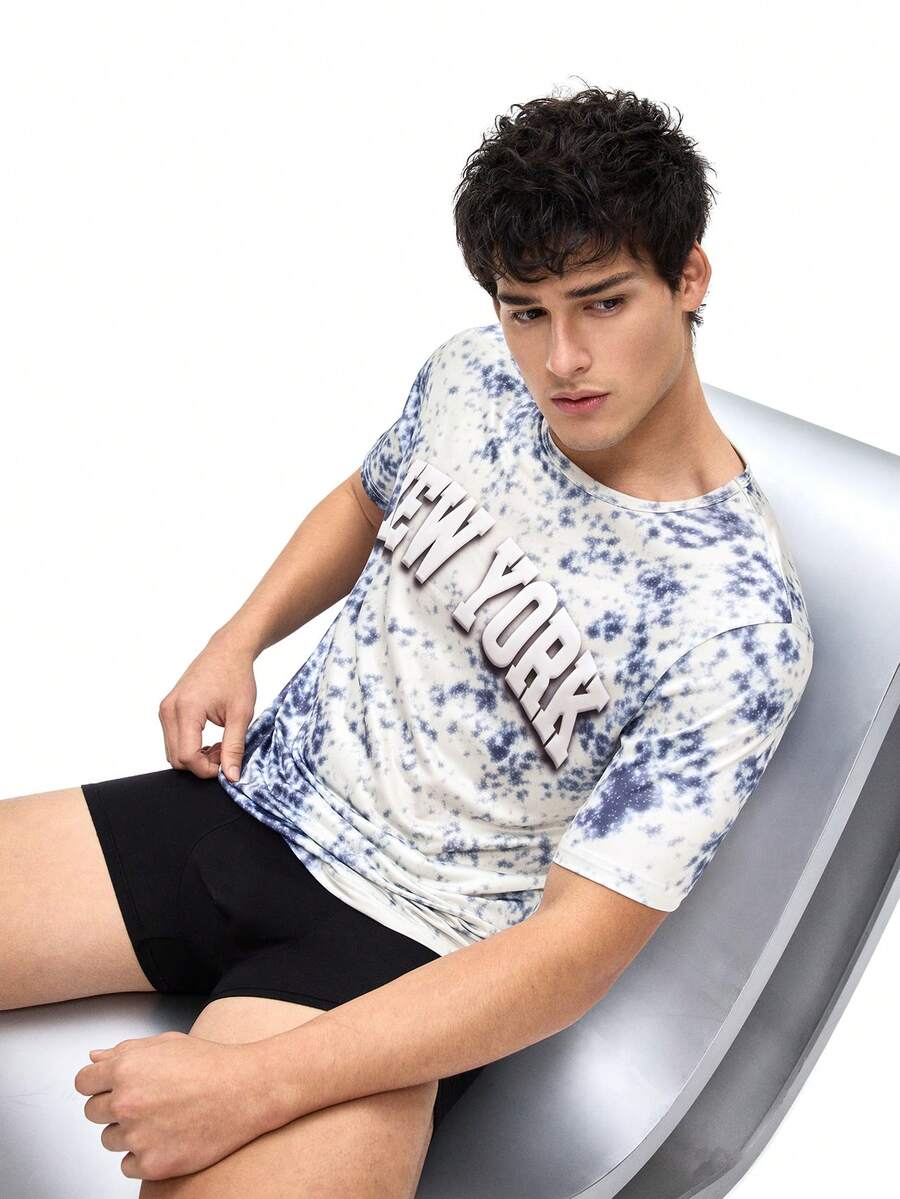 Áo nỉ nam kiểu dáng thường ngày với họa tiết giả bông tuyết, in tiếng Anh. - Màu xanh bụi bặm - Xem 1