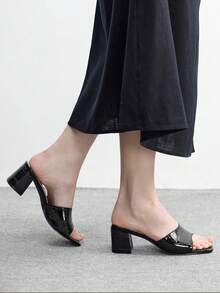 CUCCOO BIZCHIC Women Shoes Spring And Summer New Fashion Versatile Thick Heel Square Toe Crocodile Pattern Black PU Leather High Heel Sandals Commuter Party Wear - Black - View 3