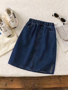 Genkimix Kids Chân váy denim dáng lửng kiểu Hàn Quốc mới cho bé gái, xẻ tà bên, đa năng cho mùa thu. - Màu xanh lam - Xem 2