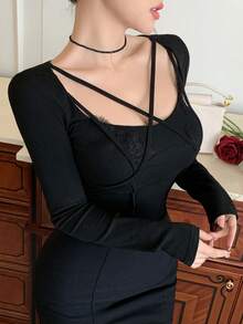 DAZY Romantic Lace Trim Sweet T-Shirt, Layering Piece - Black - View 1