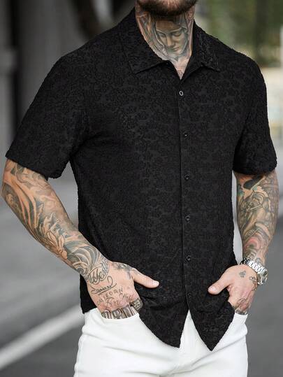 Manfinity CasualCool Men's Short Sleeve Textured Fabric Shirt, Suitable For Casual, Outdoor, Party, And Vacation Wear