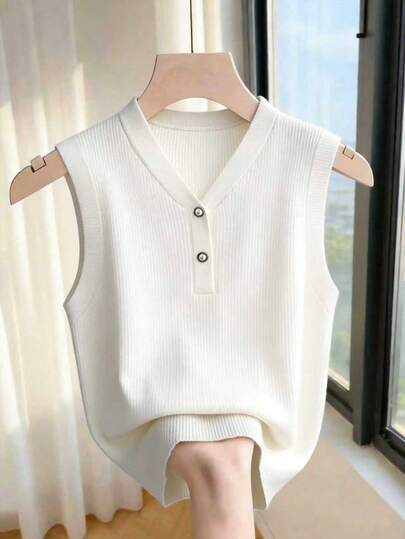 Franclia New Spring/Summer Korean Minimalist Elegant High-Quality Commuting Polo Knit Vest Sweater For Women White Knit Top Knit Top Women White Vest For Women Summer Tops Women Cute White Top White Sleeveless Top Summer Tops Women Knit Tops White Cute Top Sweater Vest For Women