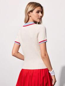 Women's Contrast Color Cable Knit Polo Shirt, Fashionable Versatile Short Sleeve Sweater - Multicolor - View 2