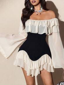 Elenzga Vestido mini de manga larga con volantes y mangas acampanadas, de talla grande, elegante, romántico y sexy, con parches en blanco y negro, de gasa fluida y con hombros descubiertos, para primavera/otoño - Multicolor - Ver 5
