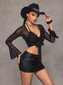 SHEIN Jeanoir Solid Color Mesh Patchwork Twist Sheer Sexy Long Sleeve Top - Black - View 5