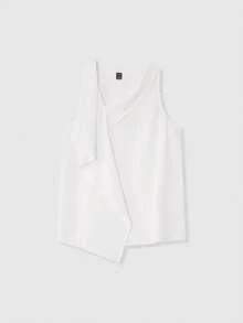 Lumivelle Women's Casual Solid White Flowy Collar Sleeveless Asymmetric Loose Blouse, Spring/Summer Sleeveless Linen Top Boho - White - View 6