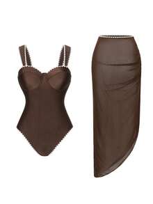 Swim Oasis 两件式高端女士连体泳衣，撞色滚边设计，优雅钢圈衬垫泳衣，荷叶边长裙，适合海滩度假和泳池派对 - 咖啡棕 - 查看 3