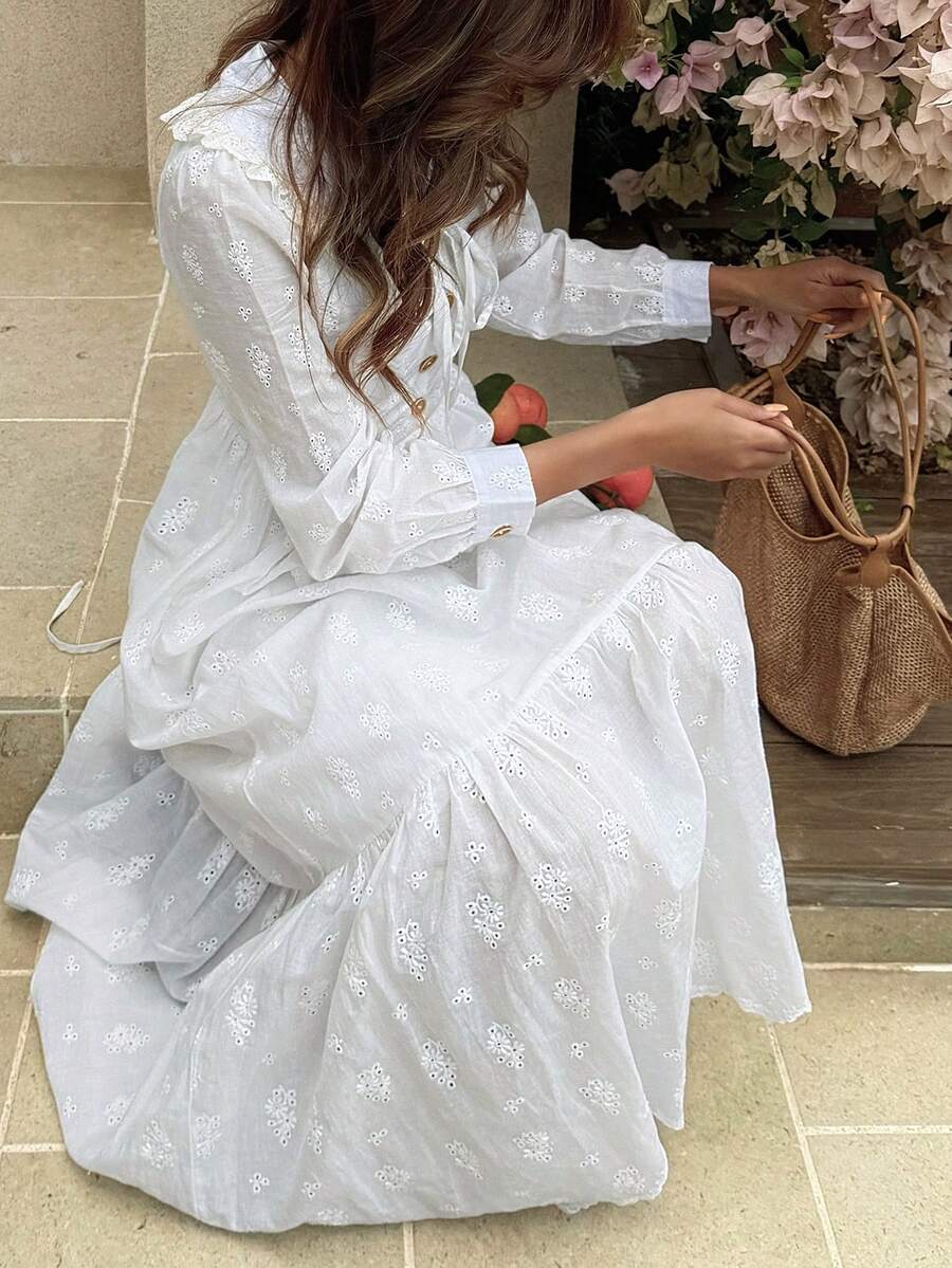 DAZY French Peter Pan Collar Waist Cinched Dress, French Elegant Style Long Dress For Women - White - View 1