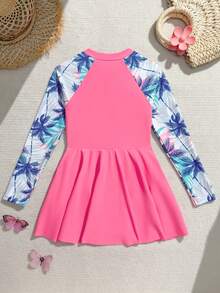 SHEIN Áo tắm liền thân có khóa kéo, họa tiết cây dừa chắp vá, thích hợp cho kỳ nghỉ hè của bé gái. - Màu Hồng Tươi - Xem 3