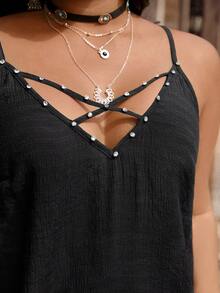 LanaWest CURVE Plus Size Sexy Off-Shoulder V-Neck Rhinestone Decor Camisole - Black - View 4