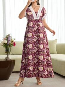 Al Najma 优雅花卉印花拼接蕾丝边饰短袖长连衣裙，春夏款 - 酒紅色 - 查看 7