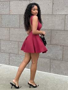 Alexandranx 纯黑色性感简约紧身 A 字型酒红色女士连衣裙、约会晚礼服、伴娘迷你连衣裙、优雅小黑裙、春夏 - 酒紅色 - 查看 5