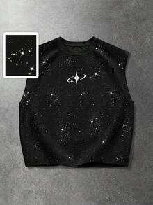 ROMWE MEN Street Life Spring/Summer Casual Graphic Men'S Shiny Graphic Print Loose Fit Crew Neck Casual Tank Top - Black - View 1