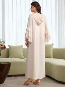 Al Najma Layered Floral Jacquard Hooded Cape With Ruffled Hem And Puff Sleeves, Elegant Robe - Apricot - View 6