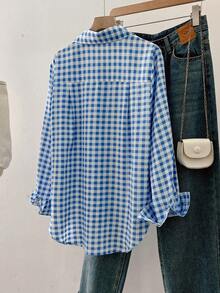 SHEIN Franclia Fashionable Minimalist Commuting & Casual Asymmetrical Hem Open Front Blue Plaid Women Shirt - Blue - View 2