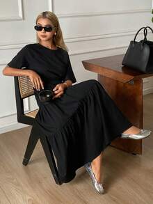 DAZY 女士夏季圆领短袖收腰优雅都市休闲连衣裙 - 黑色 - 查看 6