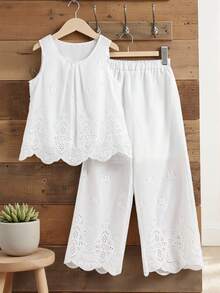 Vintaside Kids Girls' Classic White Sleeveless Crew Neck Tank Top And Pants 2 Pieces Set, Slim Fit, Suitable For Outings, School, Gatherings, Parties, And Casual Daily Wear - White - View 1