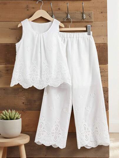 Vintaside Kids Girls' Classic White Sleeveless Crew Neck Tank Top And Pants 2 Pieces Set, Slim Fit, Suitable For Outings, School, Gatherings, Parties, And Casual Daily Wear