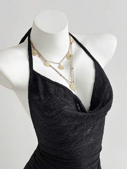 Elamini YK2 女士垂褶领露背系带不对称褶皱金属装饰圆裙