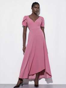 Aveloria Modichic 女士欧美风V领收腰褶皱喇叭形纯色针织无袖优雅连衣裙，春夏款 - 粉色 - 查看 3