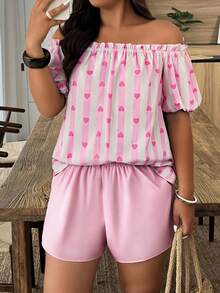 Weeklong Plus Size Off-The-Shoulder Two Pieces Set,Pastel Pink Summer Casual Holiday Shorts Set With Floral Print,Dopamine Style Short Sleeve For Vacation - Multicolor - View 1
