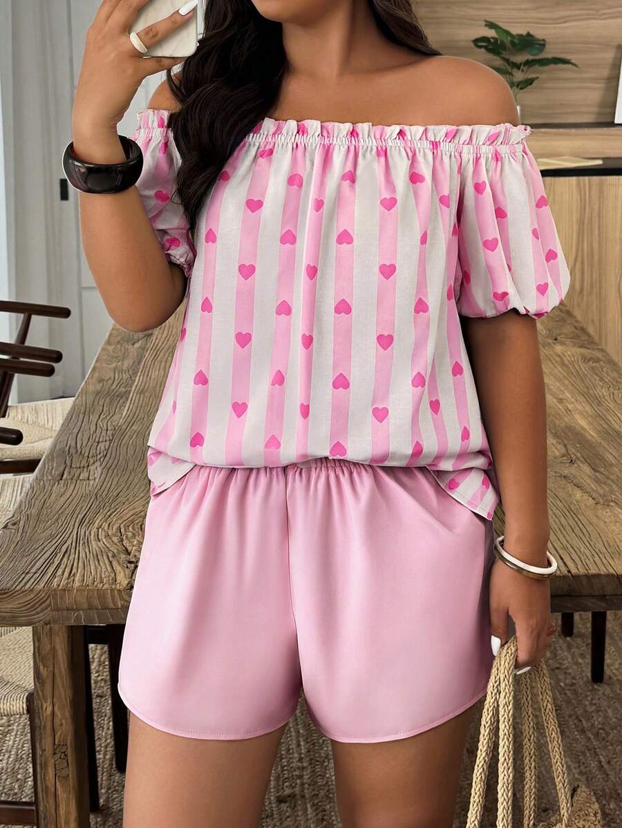 Weeklong Plus Size Off-The-Shoulder Two Pieces Set,Pastel Pink Summer Casual Holiday Shorts Set With Floral Print,Dopamine Style Short Sleeve For Vacation - Multicolor - View 1
