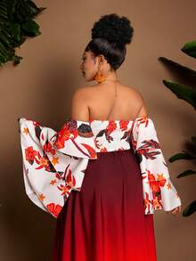 Maweii Plus Size Women's Elegant Floral Print Off-Shoulder Design With Ruffle Sleeves, Versatile Casual Blouse Suitable For Party, Date Night, Valentine's Day, Vacation - Multicolor - View 2