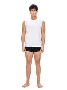 Men's REST ERA White Henley Neck Red & Black Contrast Letter Print Sleeveless Casual Top - White - View 4