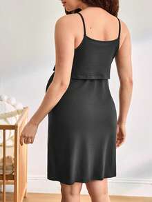 Moonlight&Mama 舒适休闲家居服，抽绳设计，哺乳款，柔软时尚A字裙，细肩带，可外穿，孕妇睡衣连衣裙 - 黑色 - 查看 2