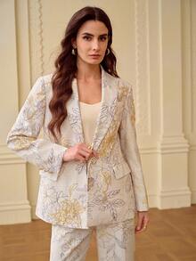 ZEYLAH Printed & Embroidered Mandarin Collar Single-Breasted Suit Jacket, Spring/Summer - Apricot - View 5