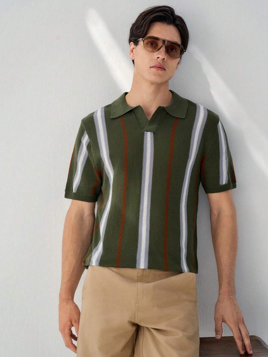 RONVEXI Polo Rajut Pria Lengan Pendek Motif Garis-garis Blok Warna untuk Liburan & Perjalanan Kasual Musim Panas - MultiWarna - View 1