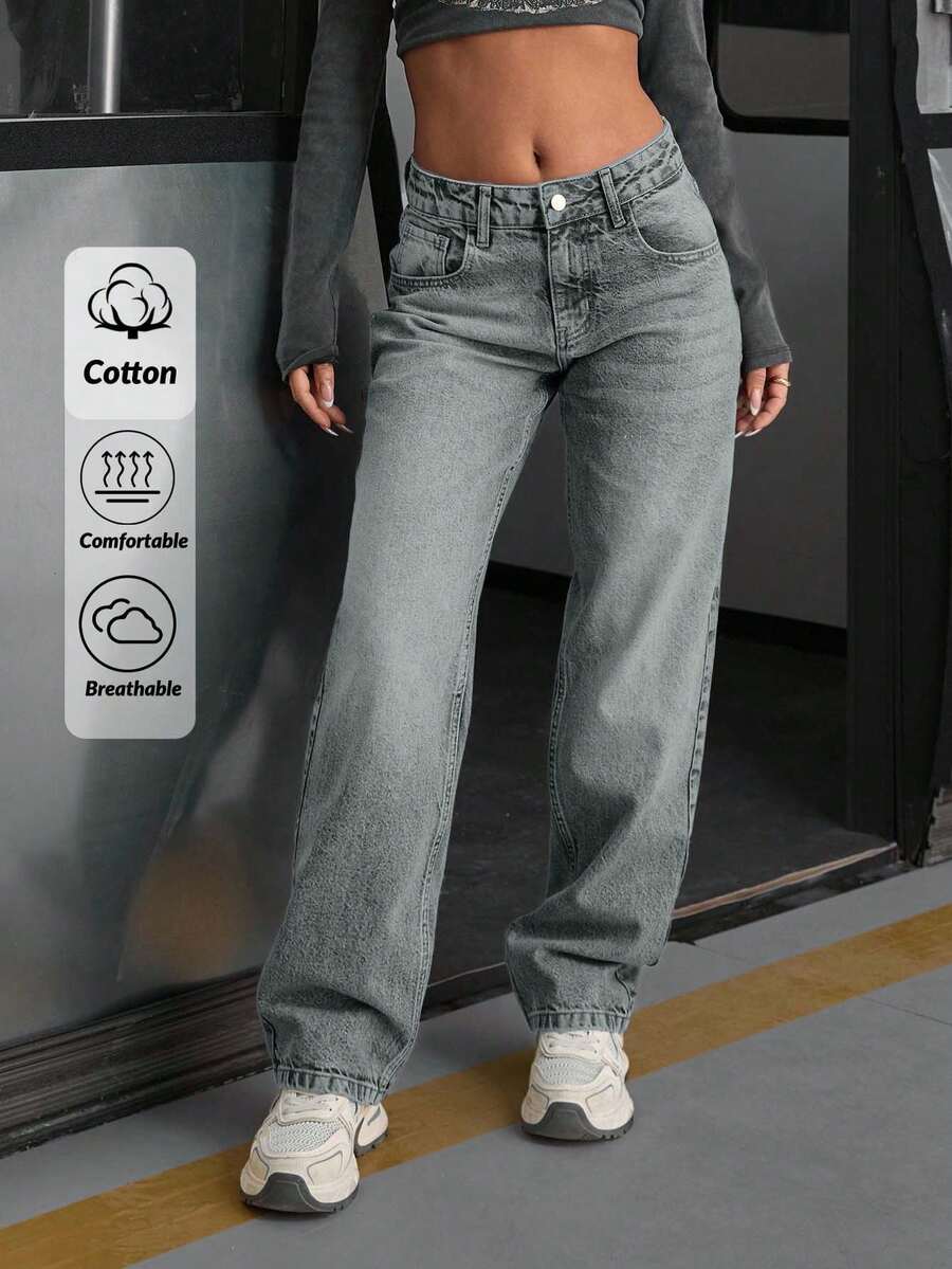 EURMUSE WOMEN LOW WAIST STRAIGHT Y2K WASH STREET WEAR - Light Wash - View 1