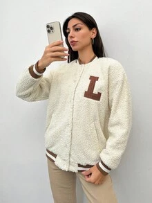 RueChic Teen Girls' Plush Baseball Jacket With Letter Pattern - Apricot - View 4