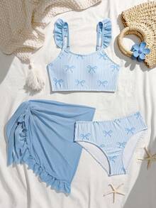 SHEIN Tween Girls Bikini Sets, Cute Knitted Bow Accent, Solid Blue With Ruffle Trim, Blue Mesh Fabric, Knit Material, 3-Piece Swimsuit Set, Fashionable Casual Elegant Lady Style, Suitable For Swimming, Vacation, Summer - Blue - View 3