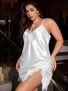 SilkySpell Vestito sottoveste in pizzo e raso, seducente, taglie comode - Bianco - Visualizzare 3