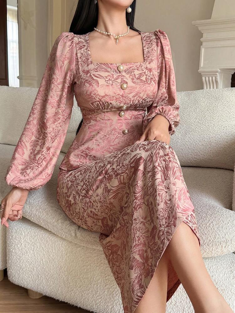 Women's Elegant Floral Print Petal Sleeve Blouse And Skirt 2-Piece Set, Spring/Summer