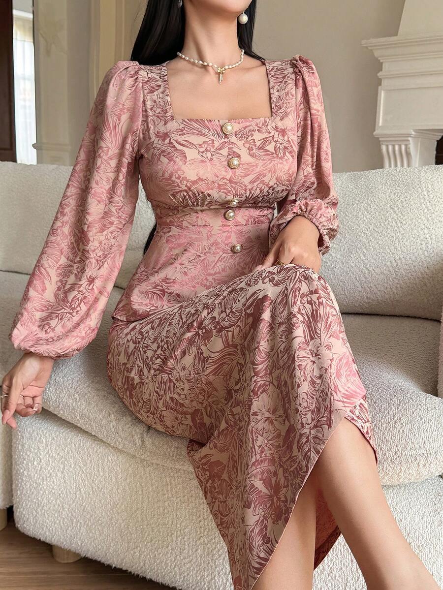 DAZY 女士优雅花卉印花花瓣袖上衣和半裙两件套，春夏款 - 粉色 - 查看 1