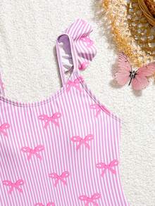 SHEIN Conjunto de traje de baño de una pieza con estampado de lazo a rayas rosa y falda con volantes para niña preadolescente, moda casual - Rosa - Ver 3