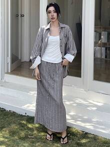 DAZY Conjunto casual de 2 piezas de camisa de manga larga con hombros caídos y bolsillo, y falda evasé a rayas para mujer - Marrón - Ver 13