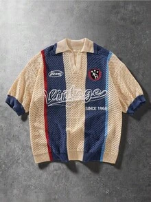 ROMWE MEN Prep Men's Color Block Letter & Number Print Casual Versatile Daily Wear Knit Short Sleeve Top - Multicolor - View 8