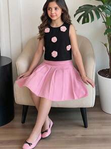 Tween Girls Solid Sleeveless Top With Cute 3D Floral Decor And Pleated Skirt 2-Piece Set, Fashionable French Elegant Outfit, Ladylike Style, Back To School, Suitable For Graduation Dance, Birthday Party,Kids - Pink - View 1